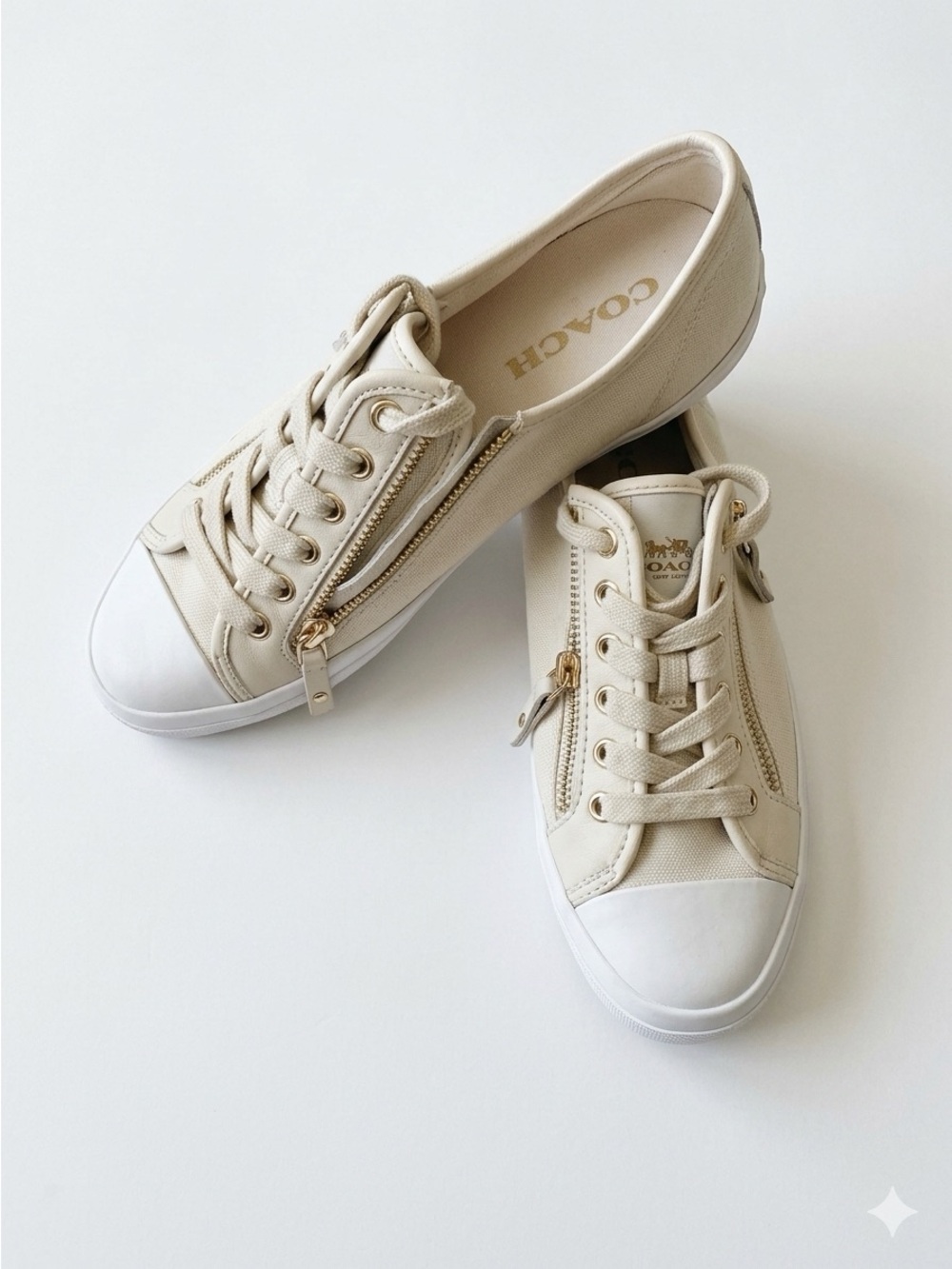 Coach Ivory Canvas Low-Top Sneakers with Gold Zipper